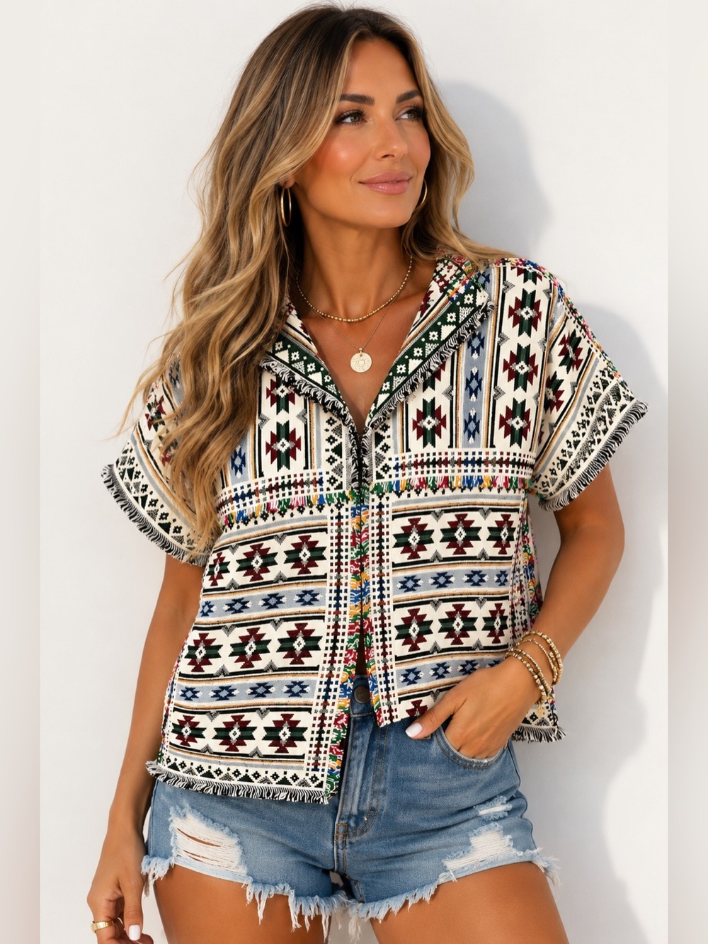 Southwestern Aztec Fringe Kimono Cardigan Boho Western Festival Open Front
